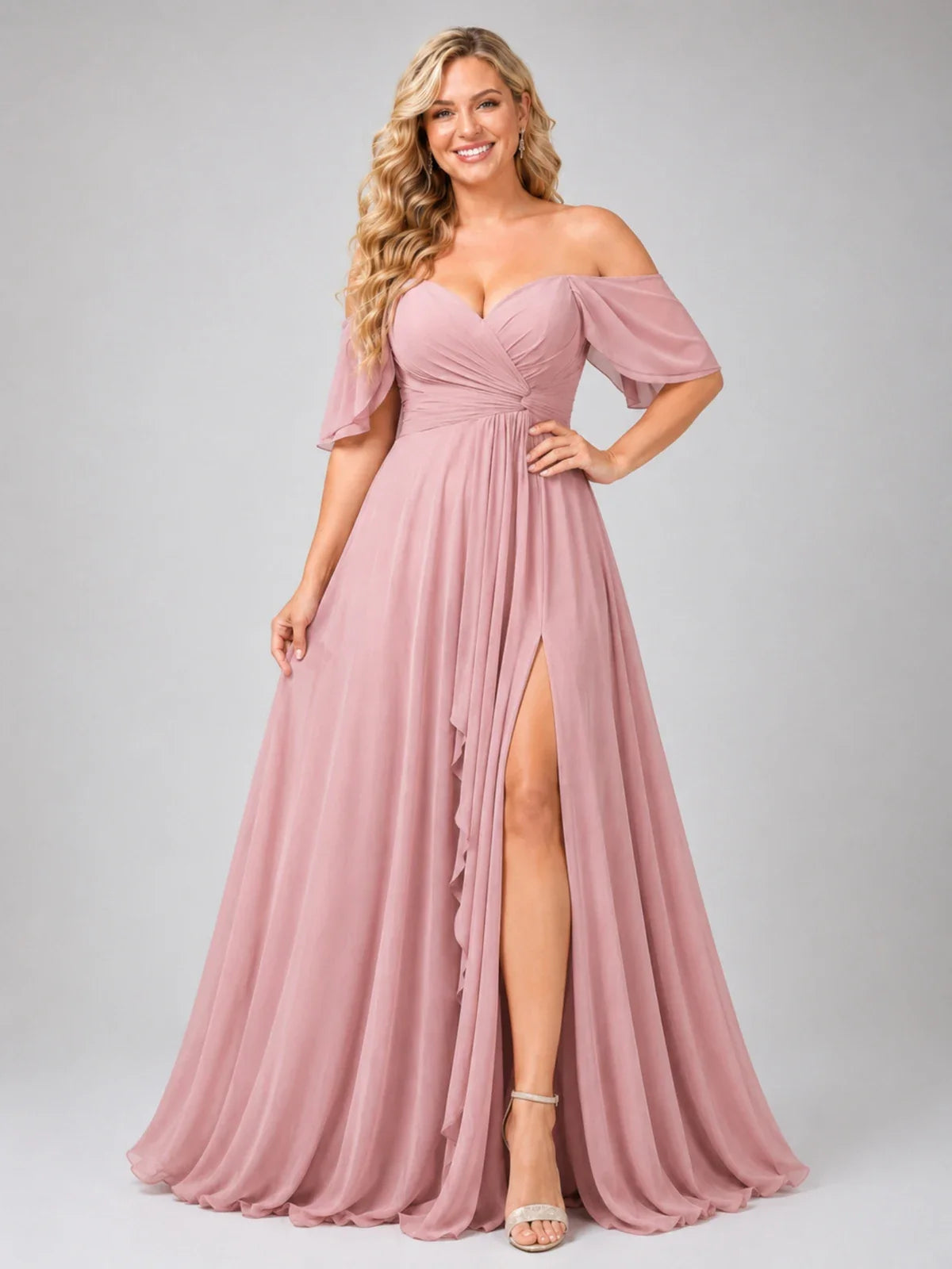 Off Shoulder Chiffon Bridesmaid Dress with Slit