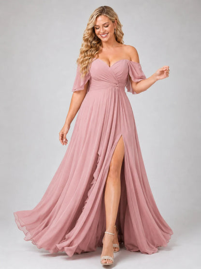 Off Shoulder Chiffon Bridesmaid Dress with Slit