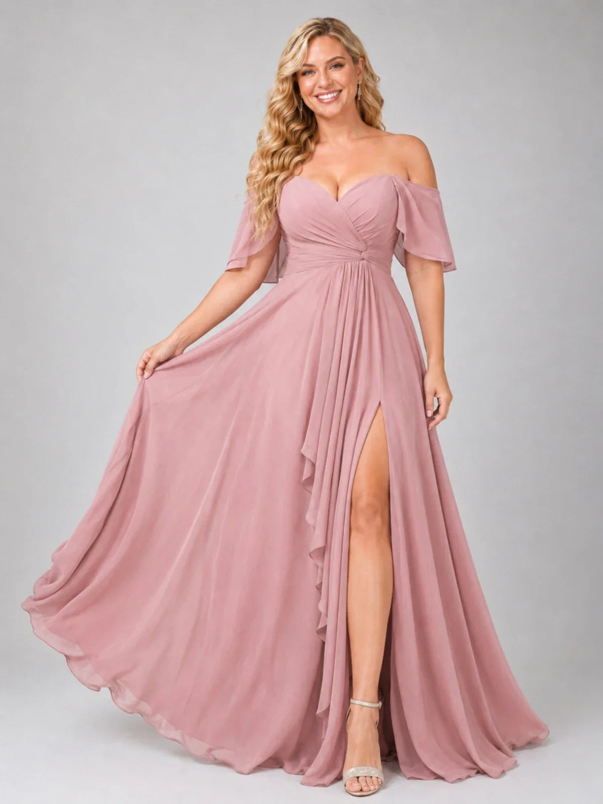 Off Shoulder Chiffon Bridesmaid Dress with Slit