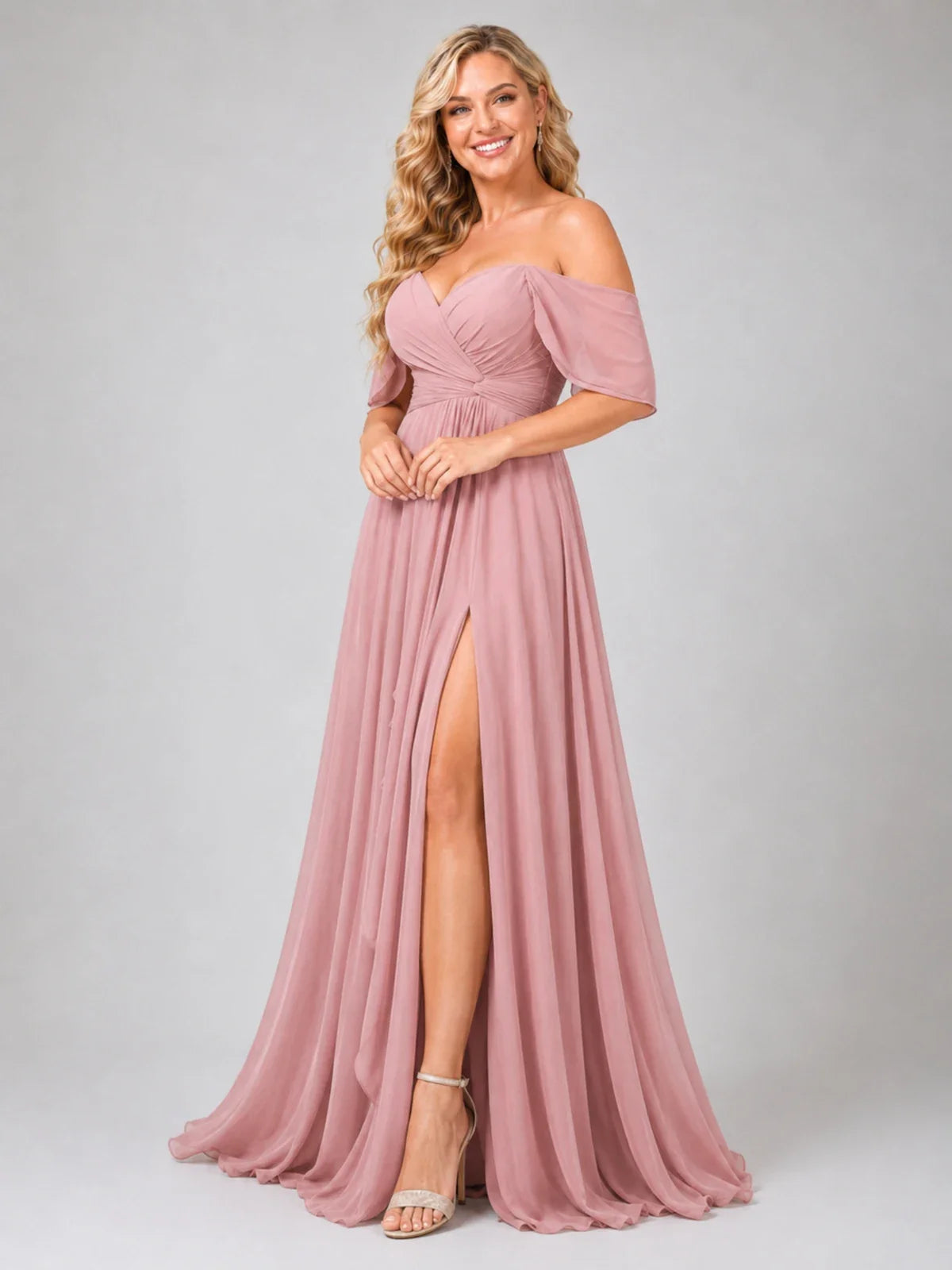 Off Shoulder Chiffon Bridesmaid Dress with Slit