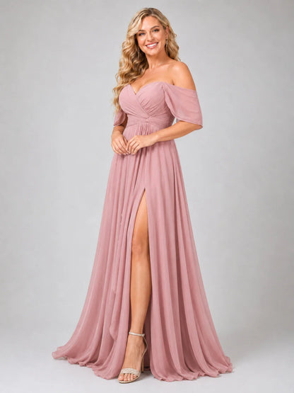Off Shoulder Chiffon Bridesmaid Dress with Slit