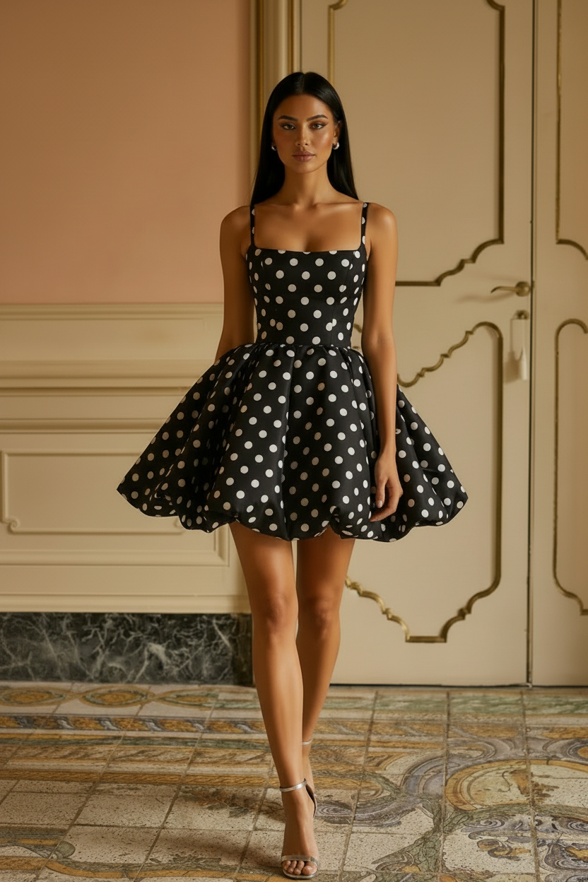 Model wearing black white polka dot spaghetti strap mini dress - front view