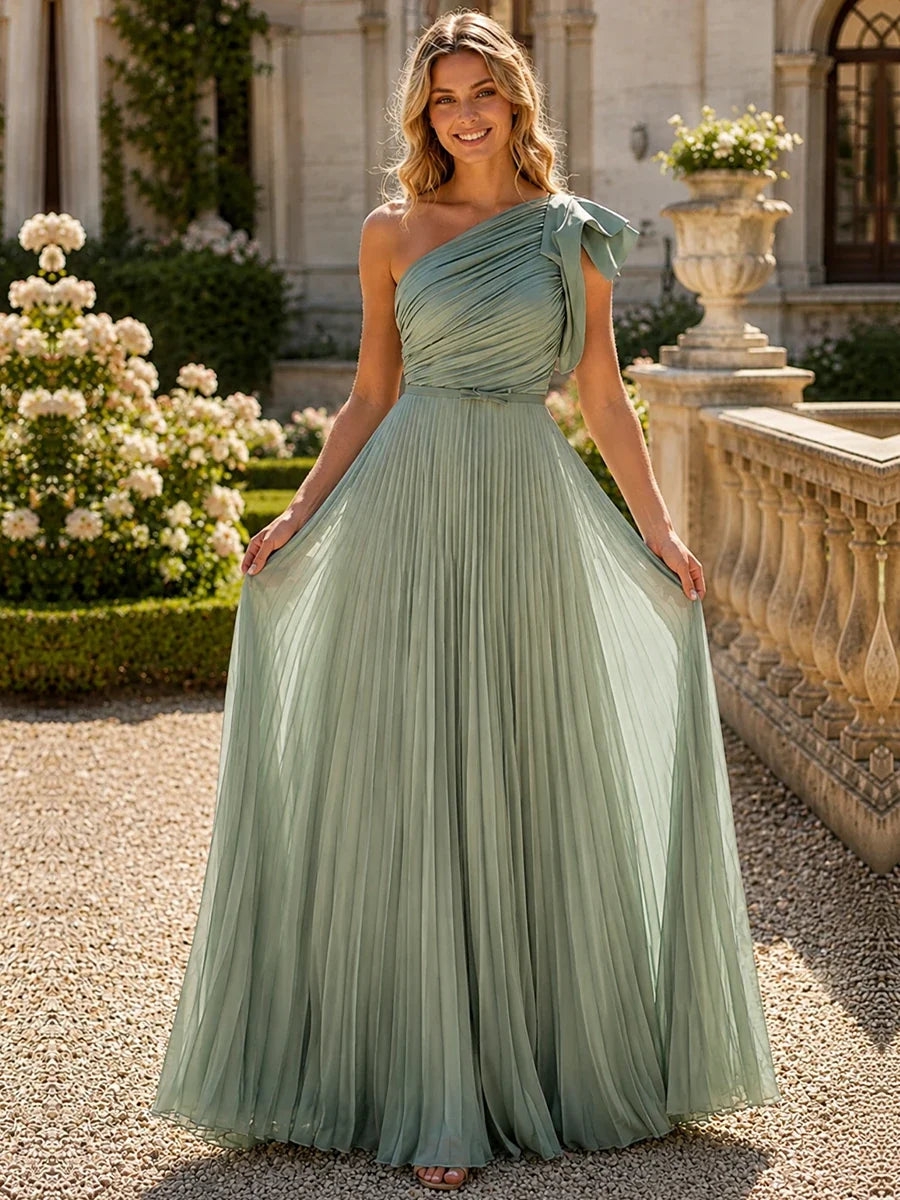One Shoulder Pleated Chiffon A-Line Floor-Length Bridesmaid Dress