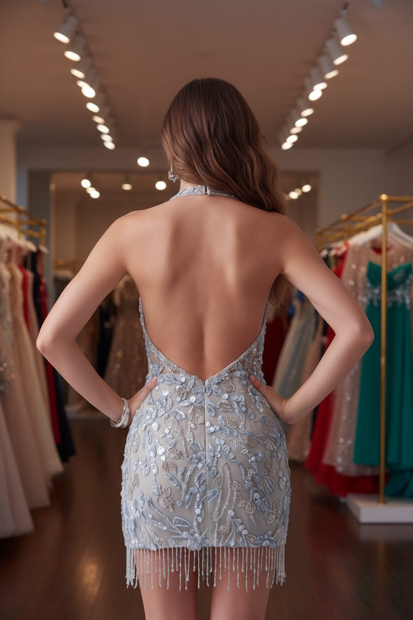 Model wearing silver blue halter fringe homecoming dress - back view