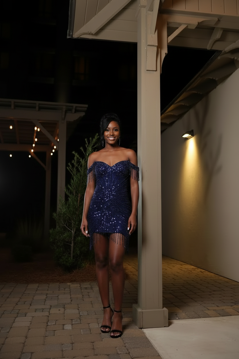 Navy blue sequin mini party dress front view