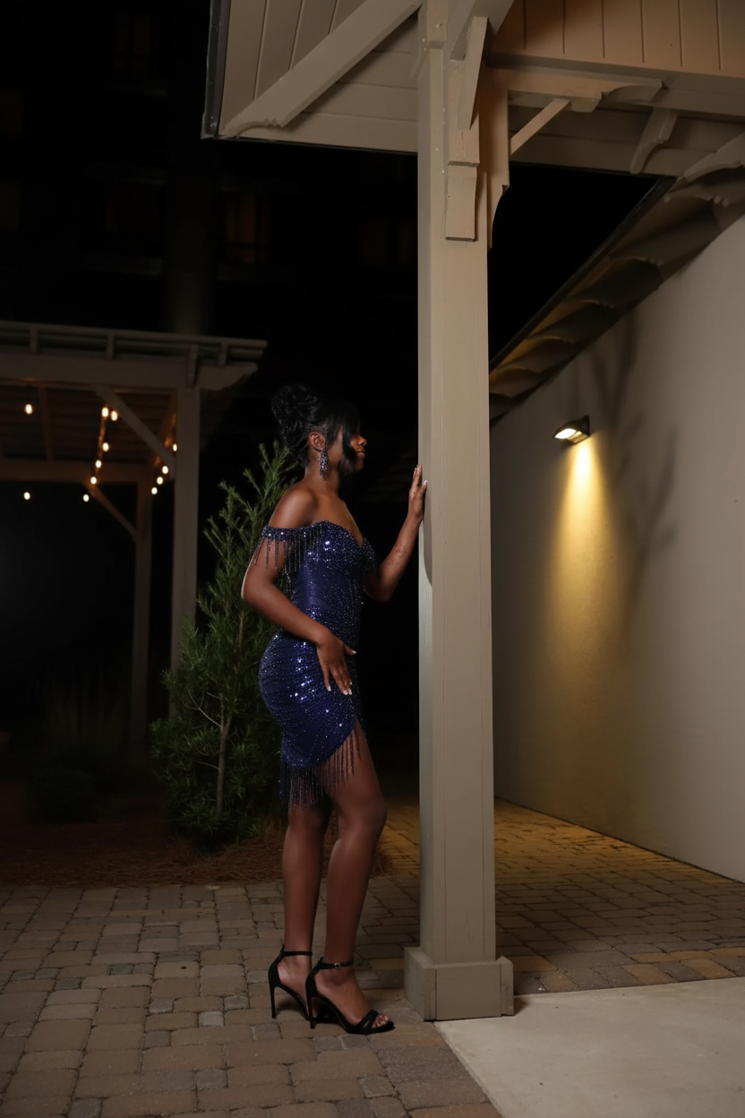 Navy blue sequin mini party dress side view