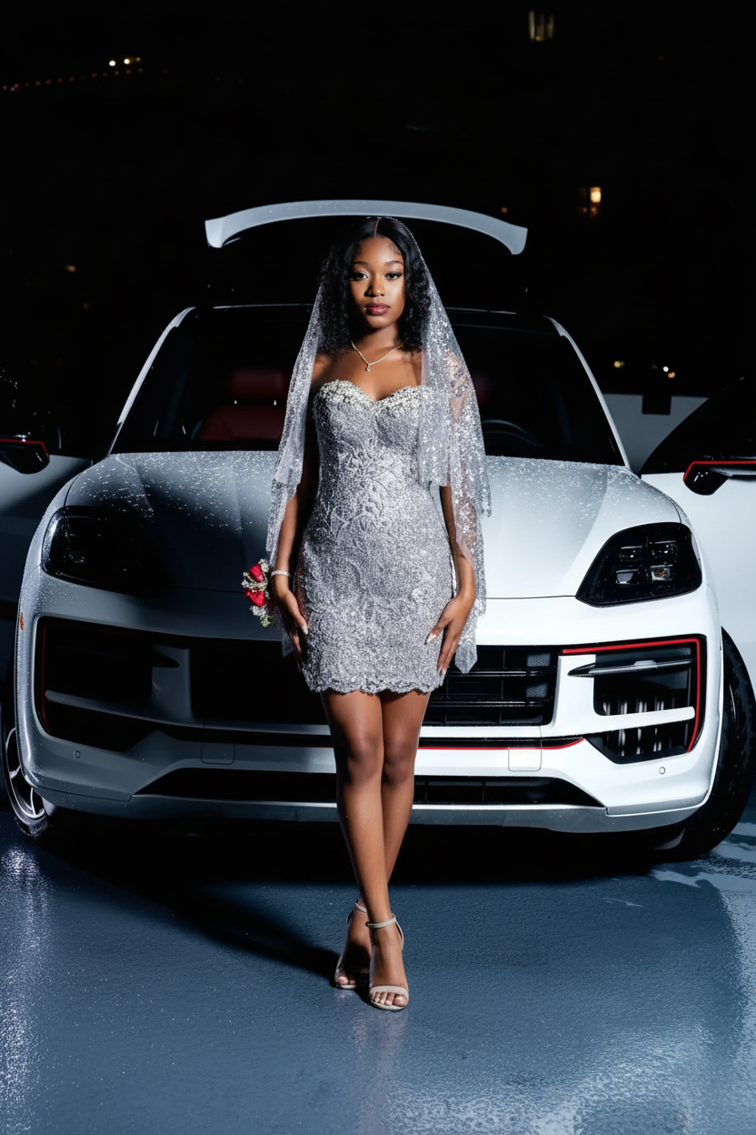 Silver Grey Sequin Mini Dress with Veil - Front View