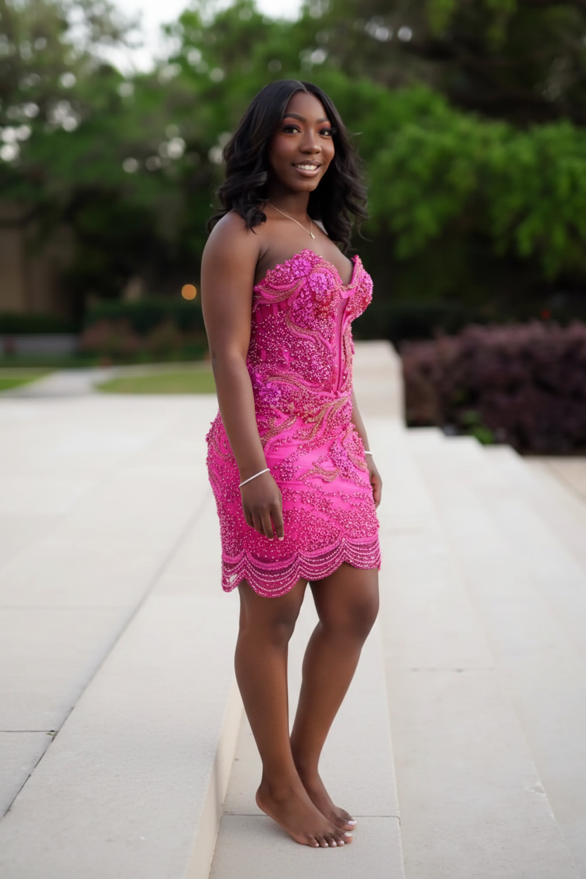 Fuchsia strapless sweetheart crystal beaded mini party dress with sheer mesh, side view