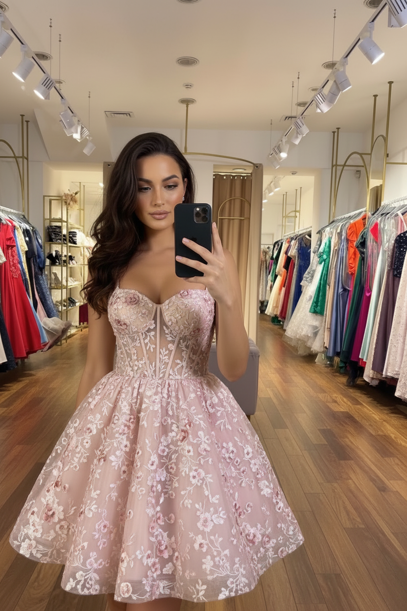 Model wearing blush pink 3D floral A-line homecoming dress - front view