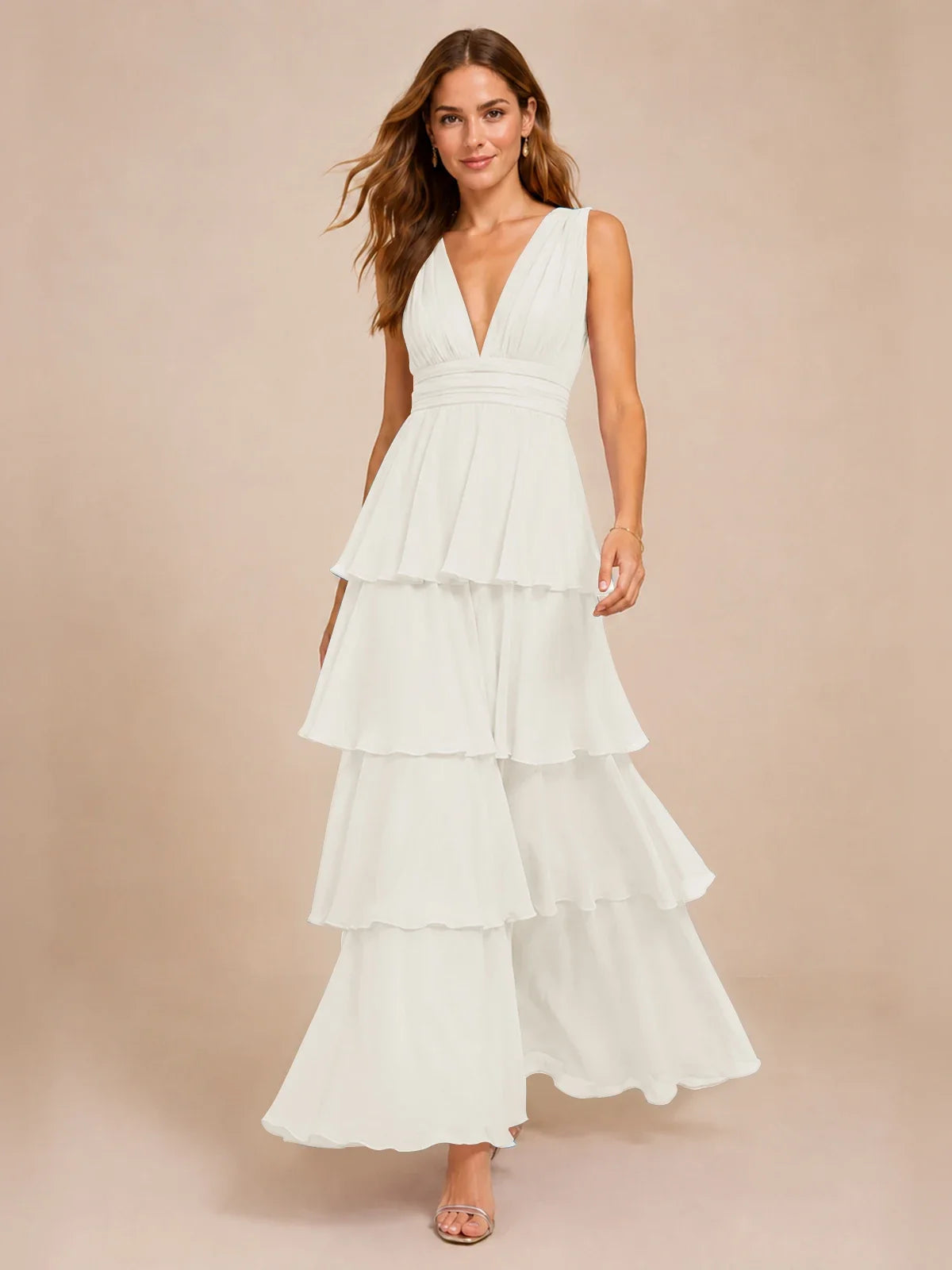 Elegant Deep V Neck Chiffon Bridesmaid Dress with Tiered Ruffles