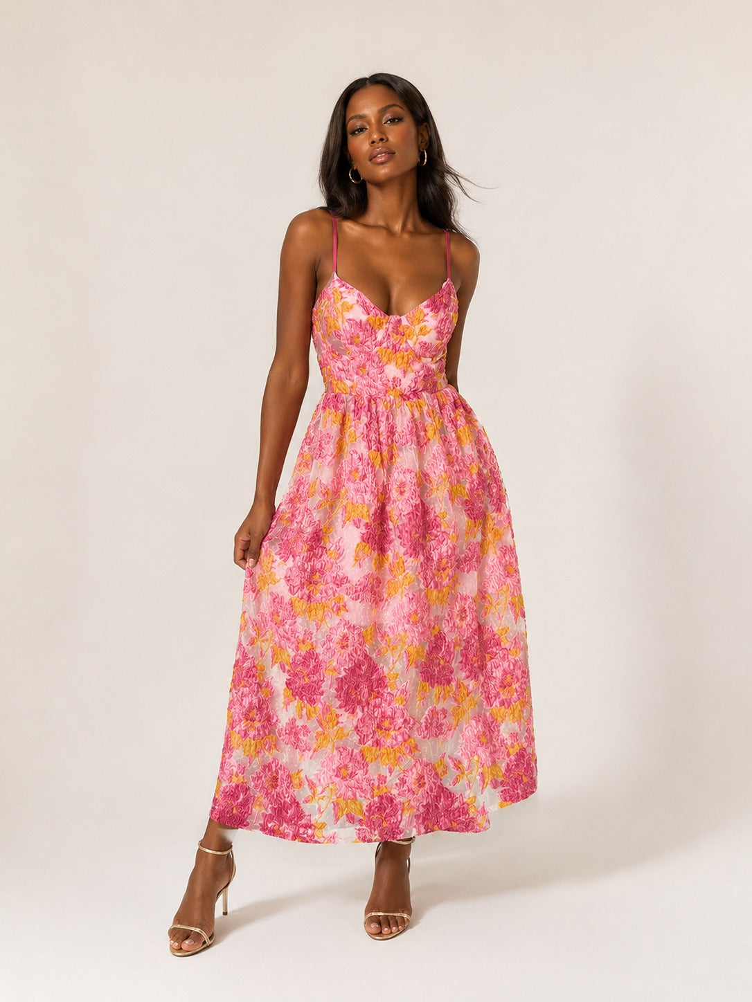 Pink Floral Jacquard Spaghetti Strap A-Line Midi Dress