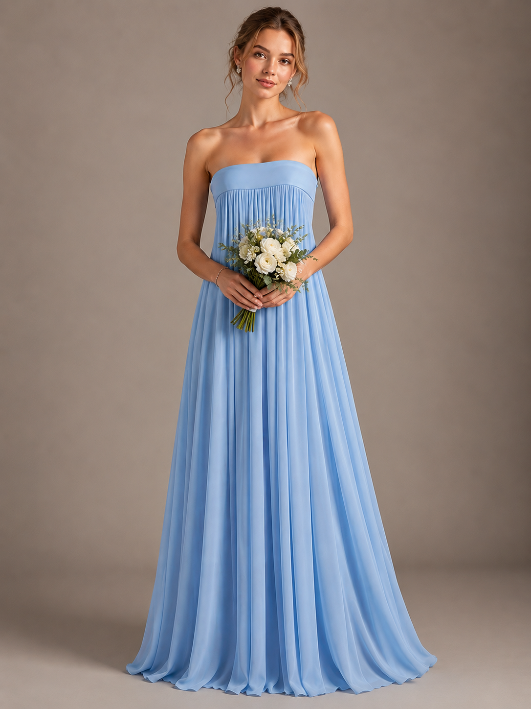 Light Blue Strapless Pleated Maxi Dress