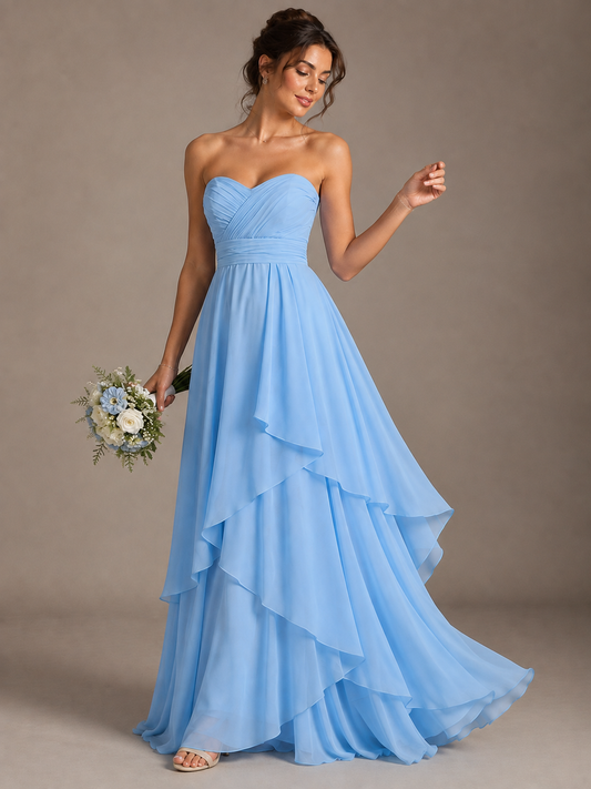 Light Blue Strapless Ruffle A-Line Maxi Dress
