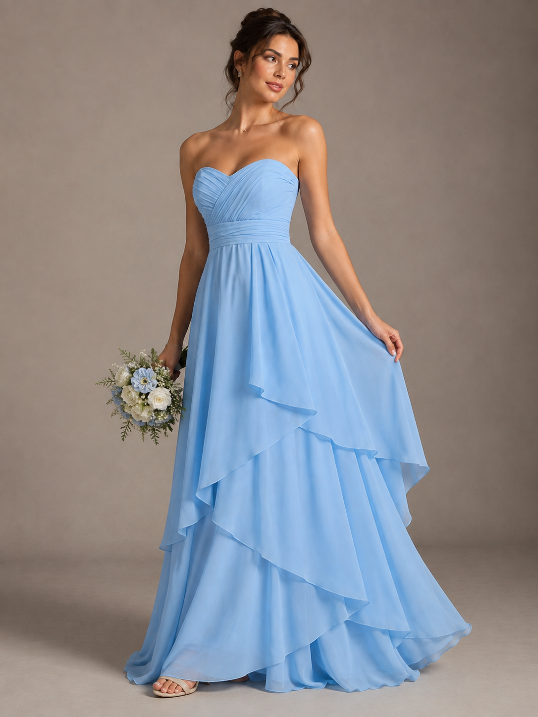 Light Blue Strapless Ruffle A-Line Maxi Dress