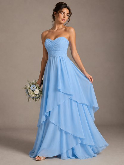 Light Blue Strapless Ruffle A-Line Maxi Dress