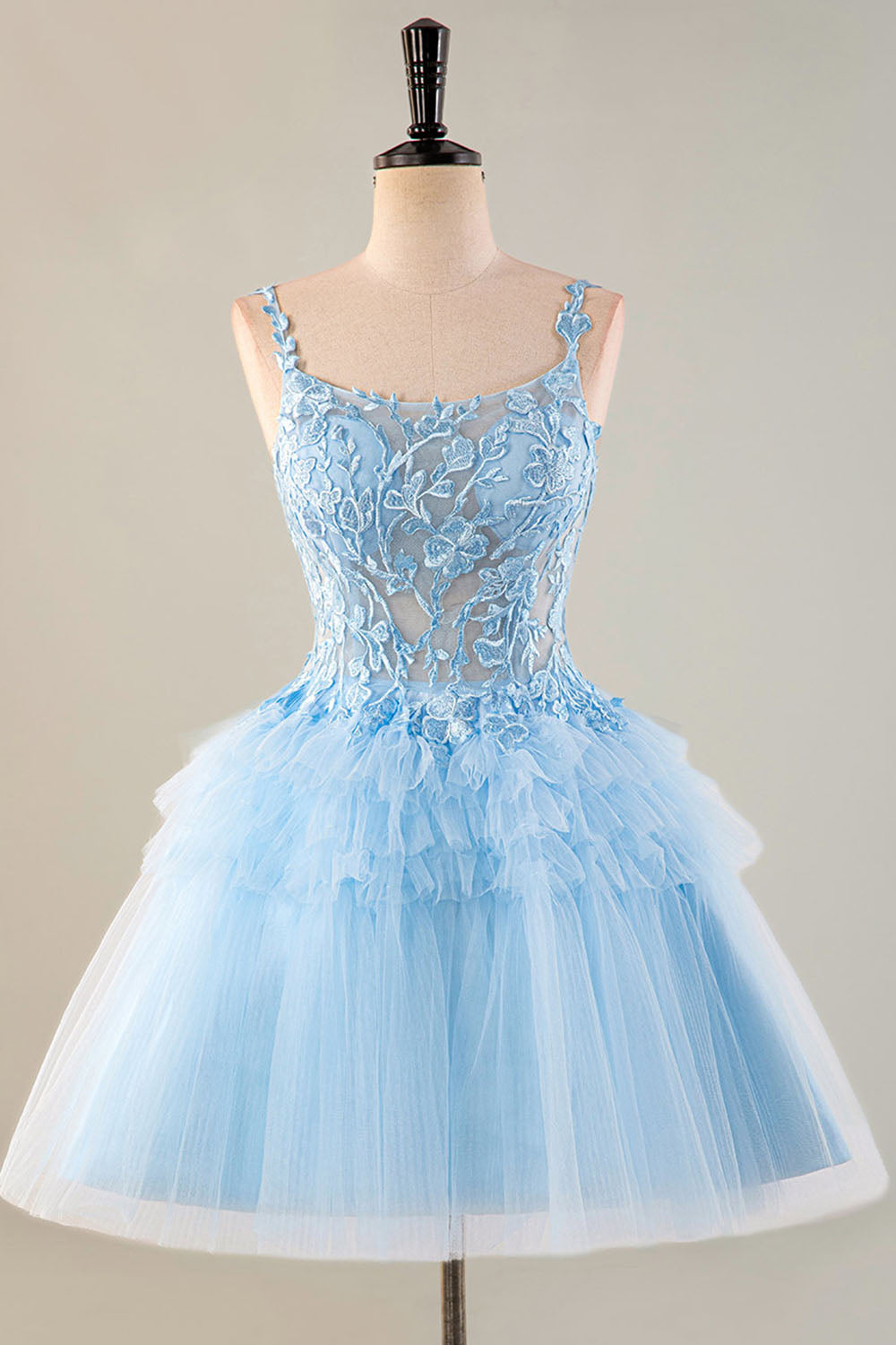 Cute Light Blue Sheer Bodice Appliques Homecoming Dress