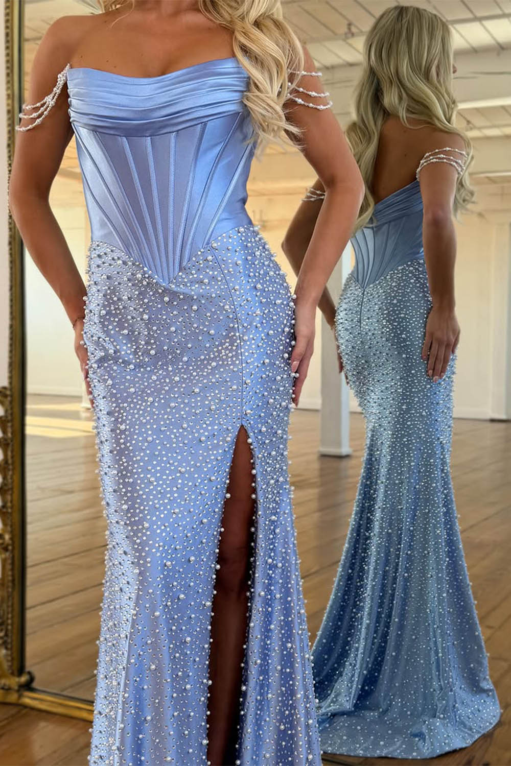 Fitted Blue Satin Prom Dress with Pearl