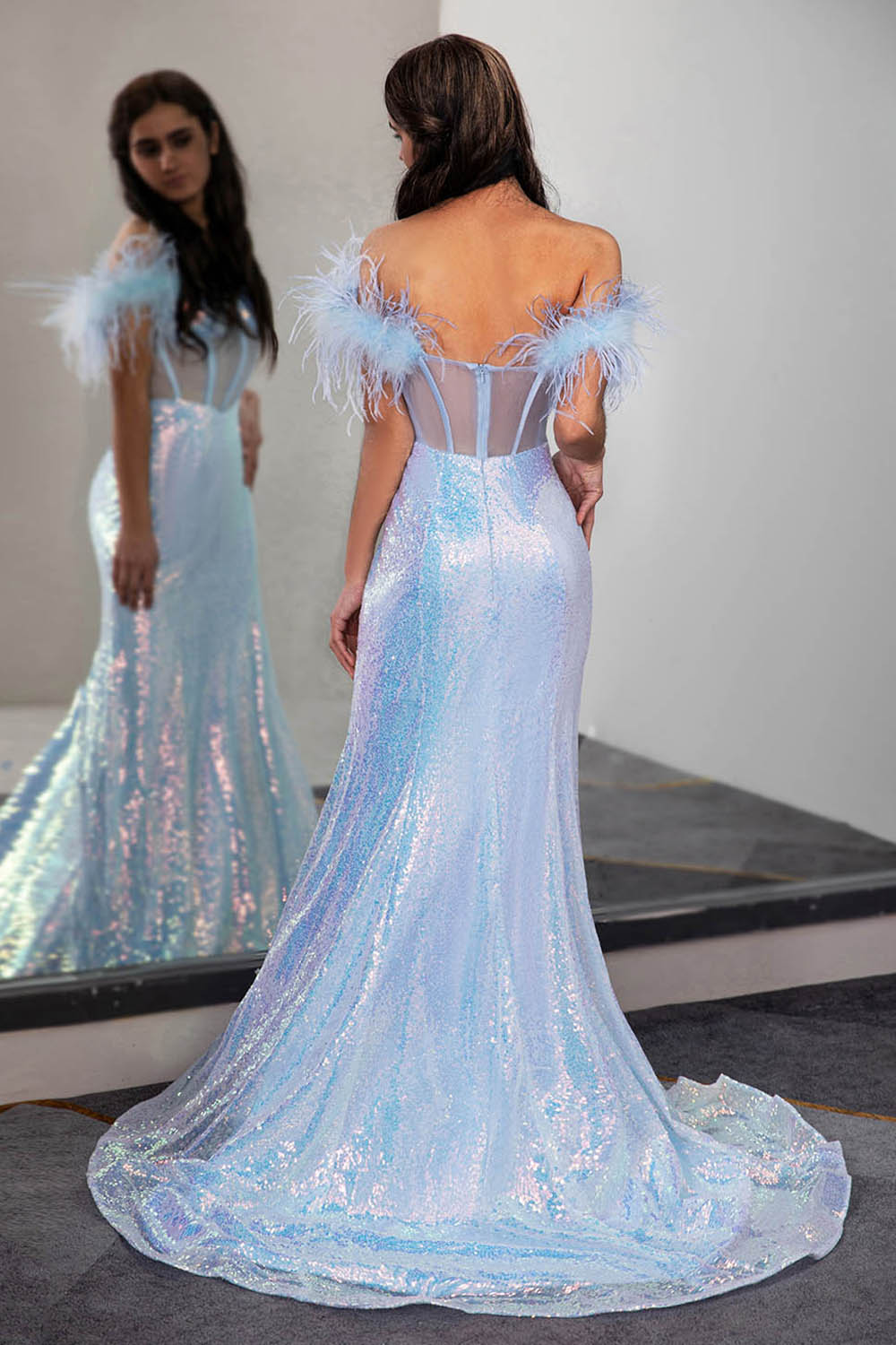 Light Blue Sequin Corset Prom Dress with Feathers