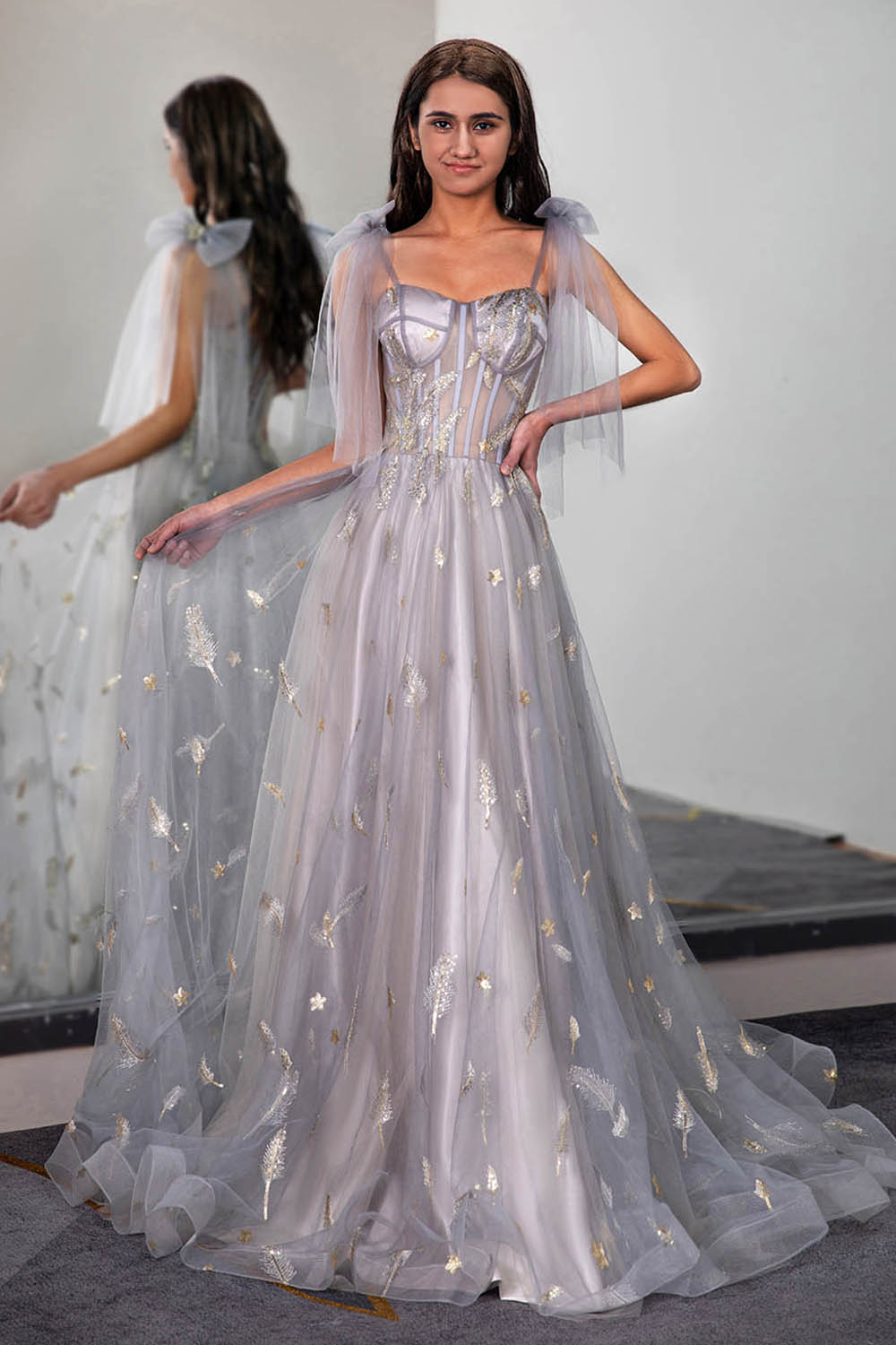 Tulle Sheer Corset Bodice Prom Dress with Feather Embroidery
