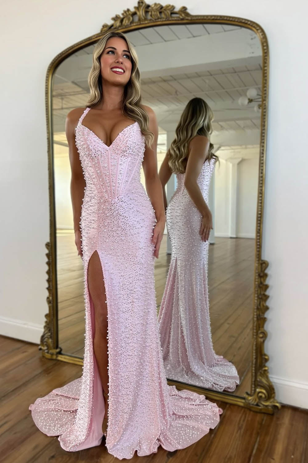 Beading Corset Bodice Prom Night Dress with Slit