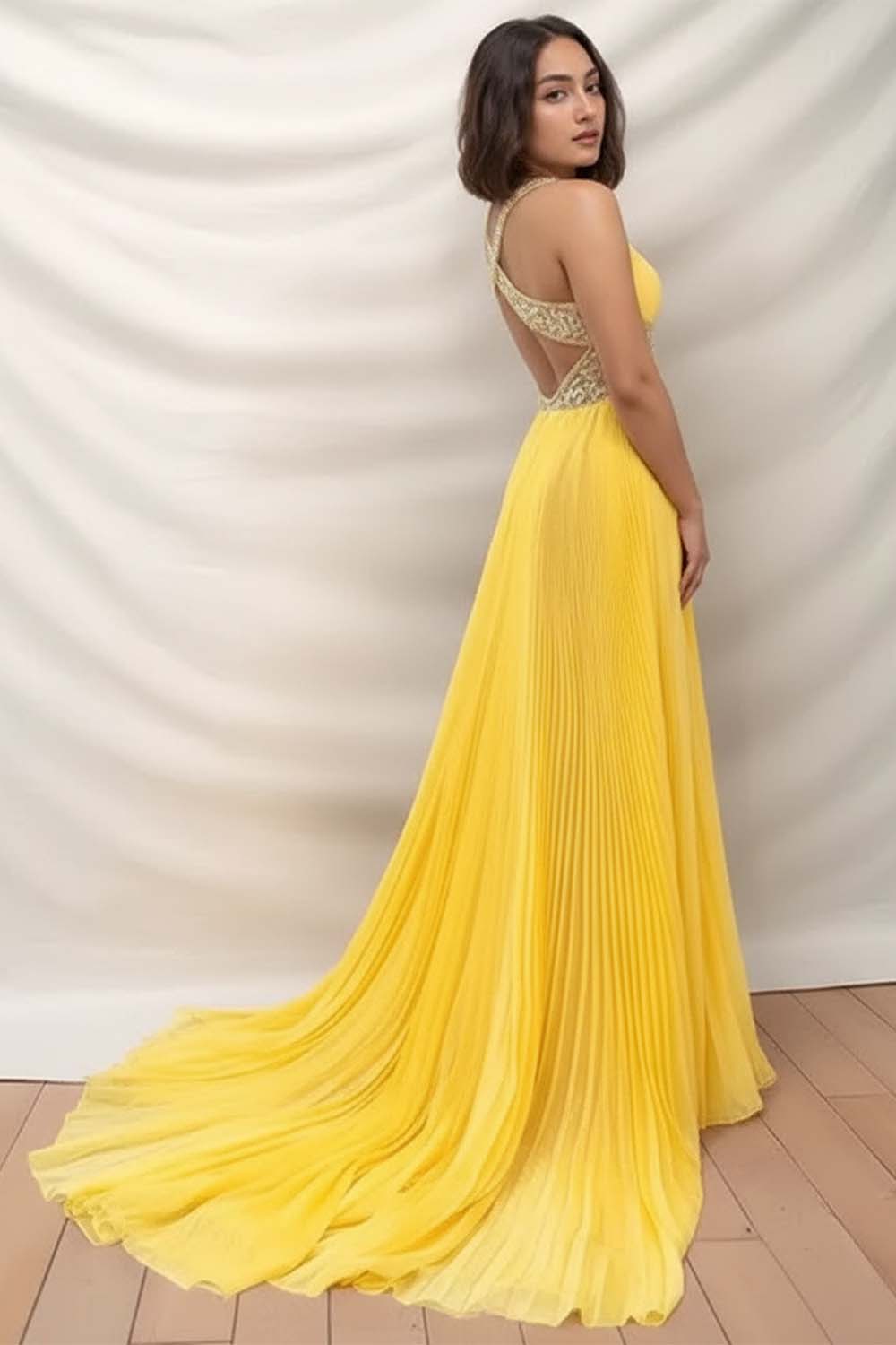 Yellow Pleated Prom Dress with Beads