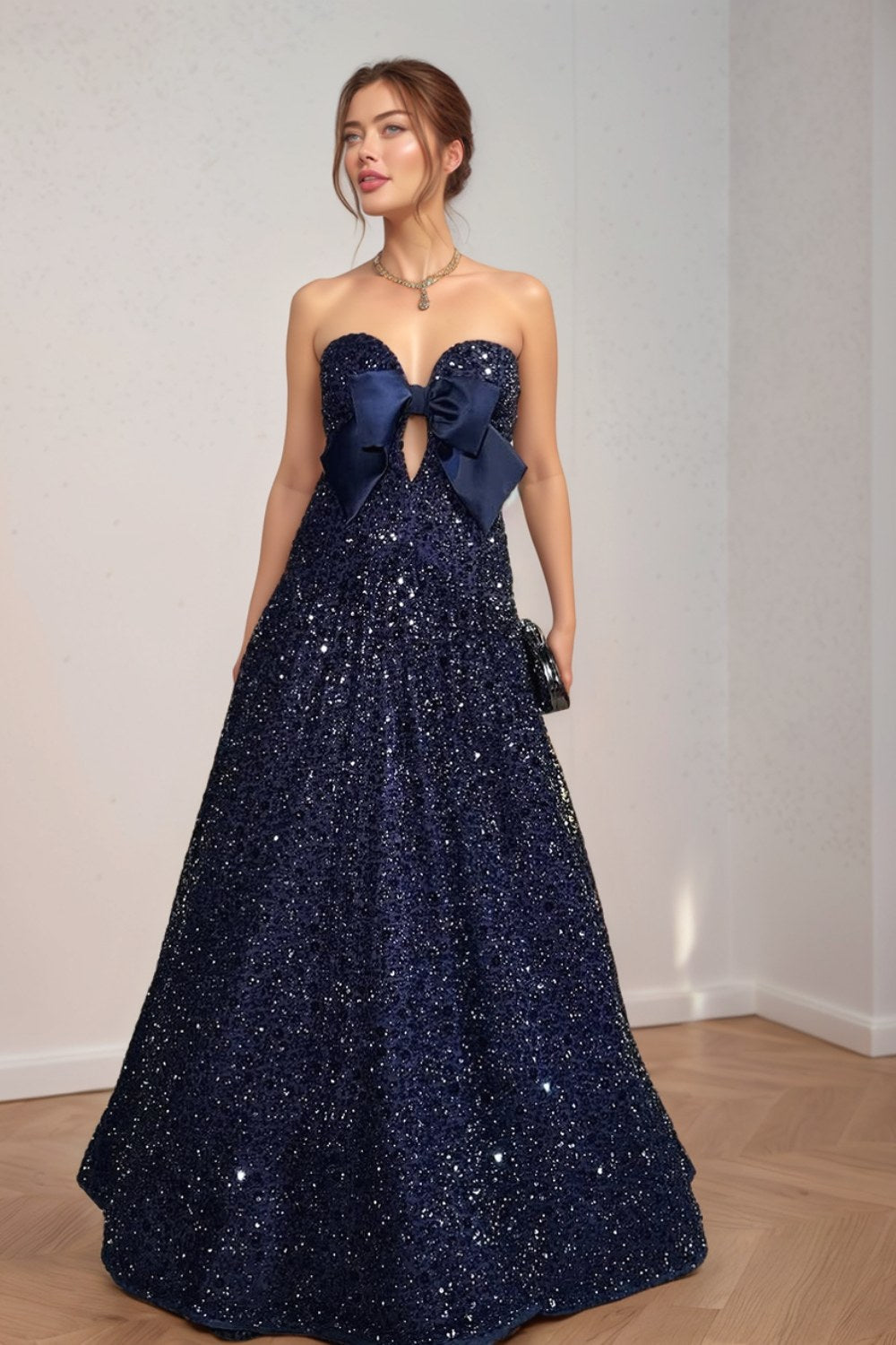 Navy Strapless Sequin Cut-Out Prom Dress