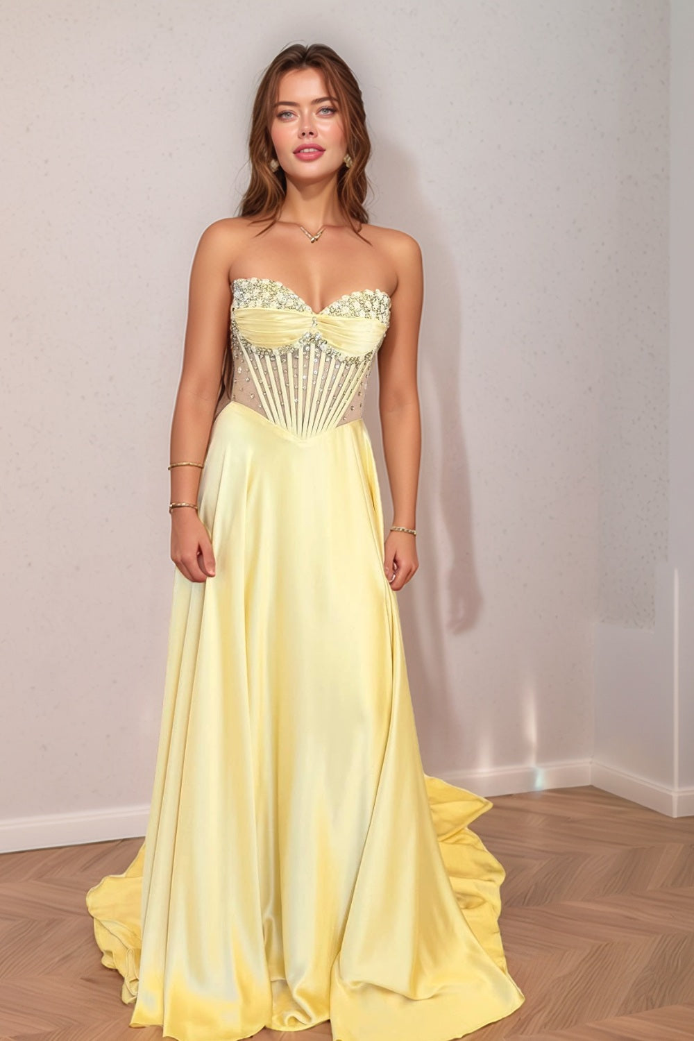 Yellow Corset Bodice Illusion Mesh Prom Dress