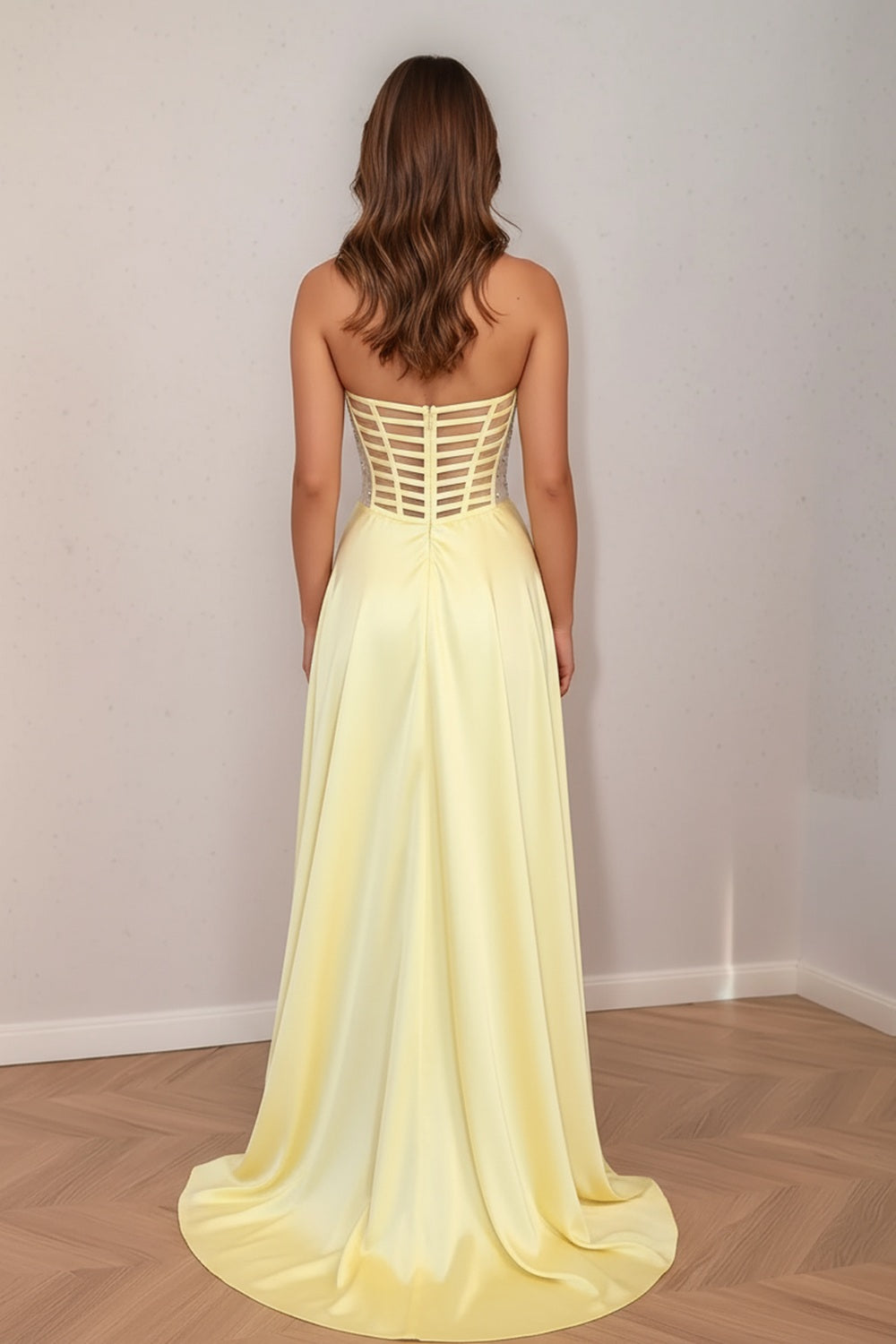 Yellow Corset Bodice Illusion Mesh Prom Dress