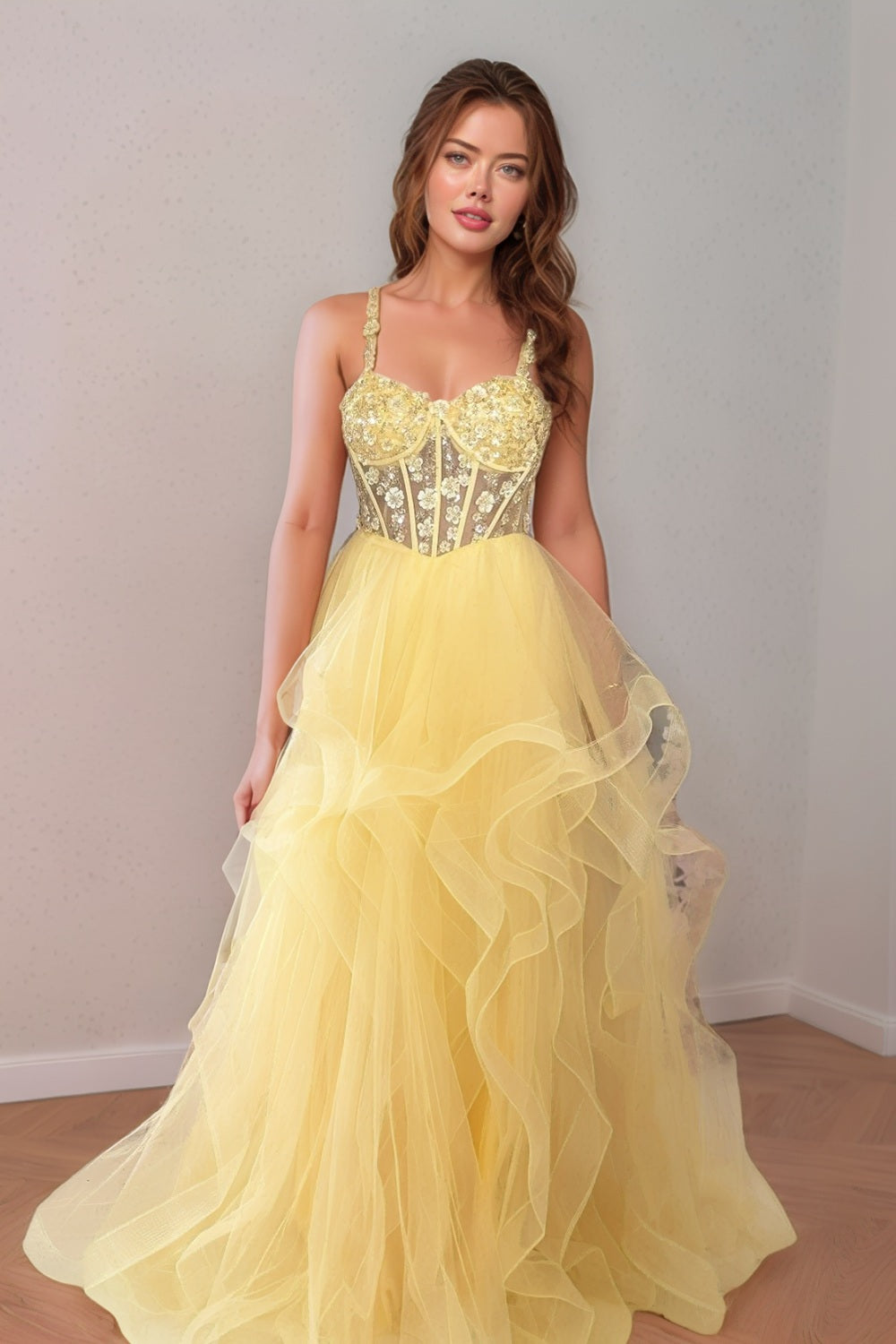 Yellow Sheer Illusion Mesh Ruffle Prom Dress