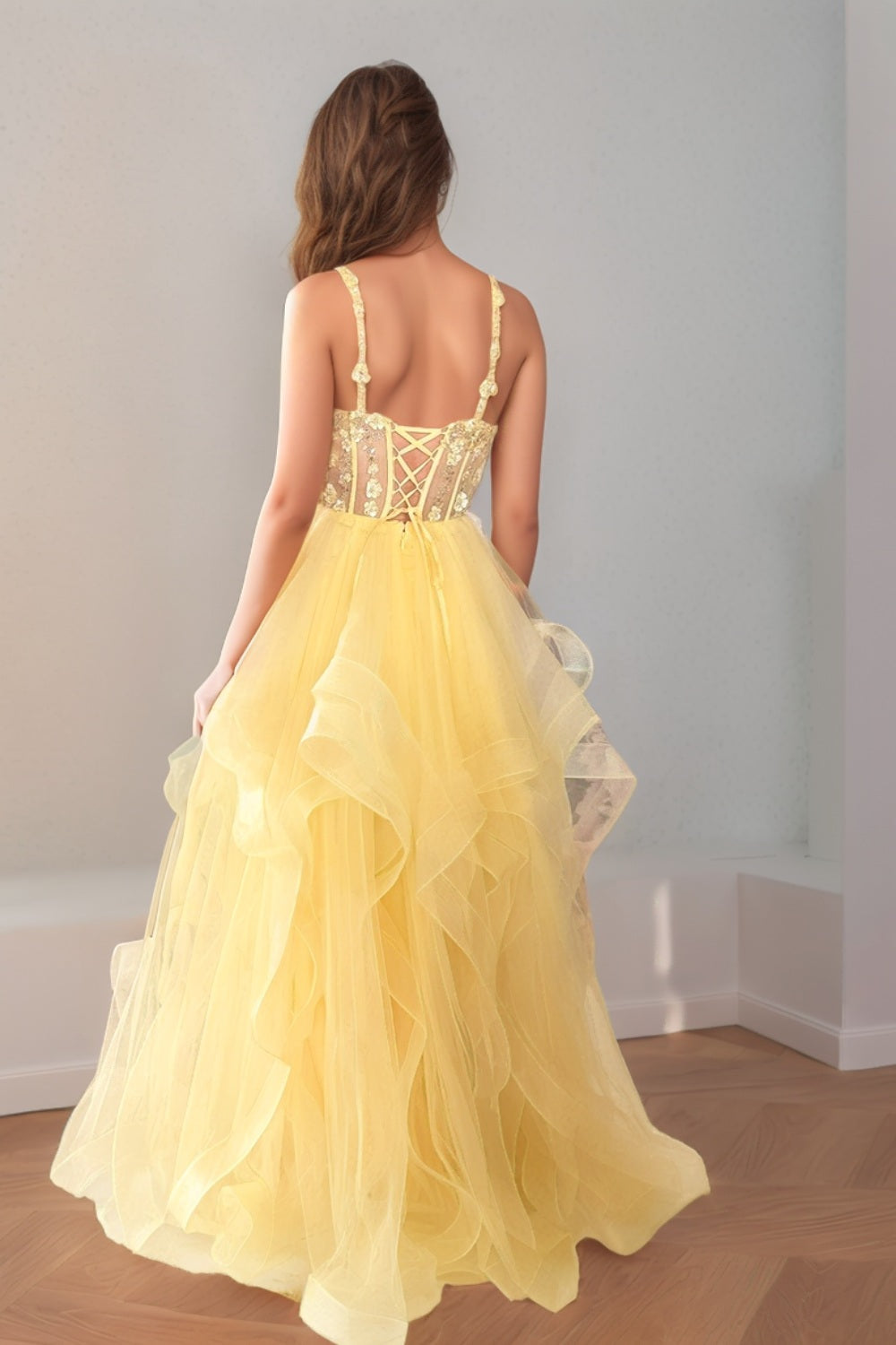 Yellow Sheer Illusion Mesh Ruffle Prom Dress