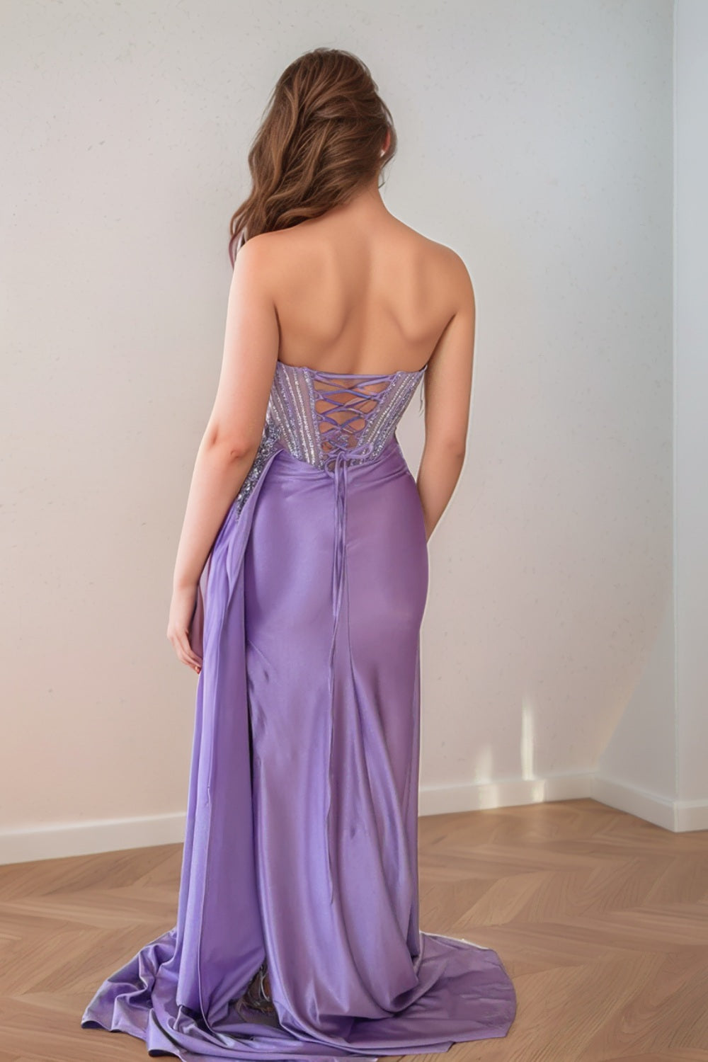 Lilac Sheer Corset Prom Dress with Side Slit