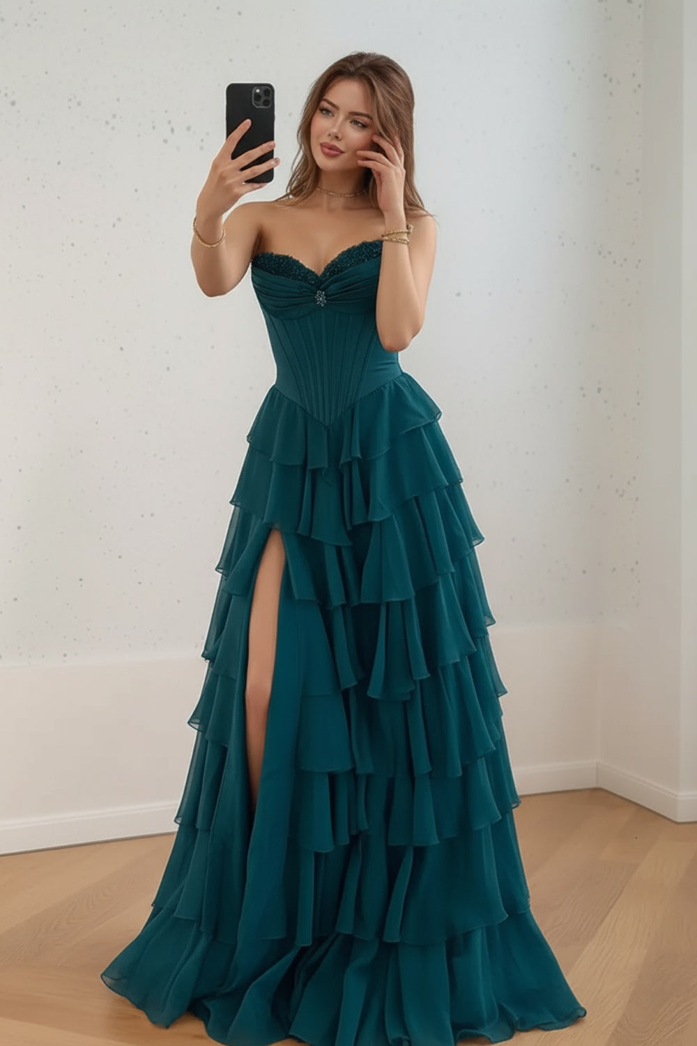 Dark Green Ruffle Corset Prom Gown