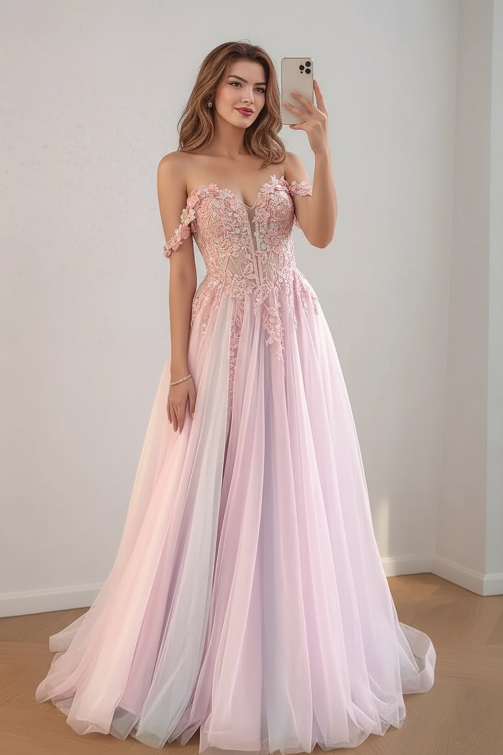 Light Pink Sheer Illusion 3D Appliques Prom Dress