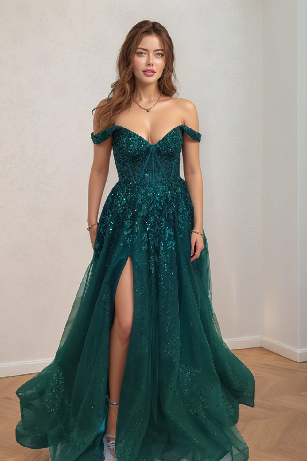 Dark Green Corset Bodice Appliques Prom Dress