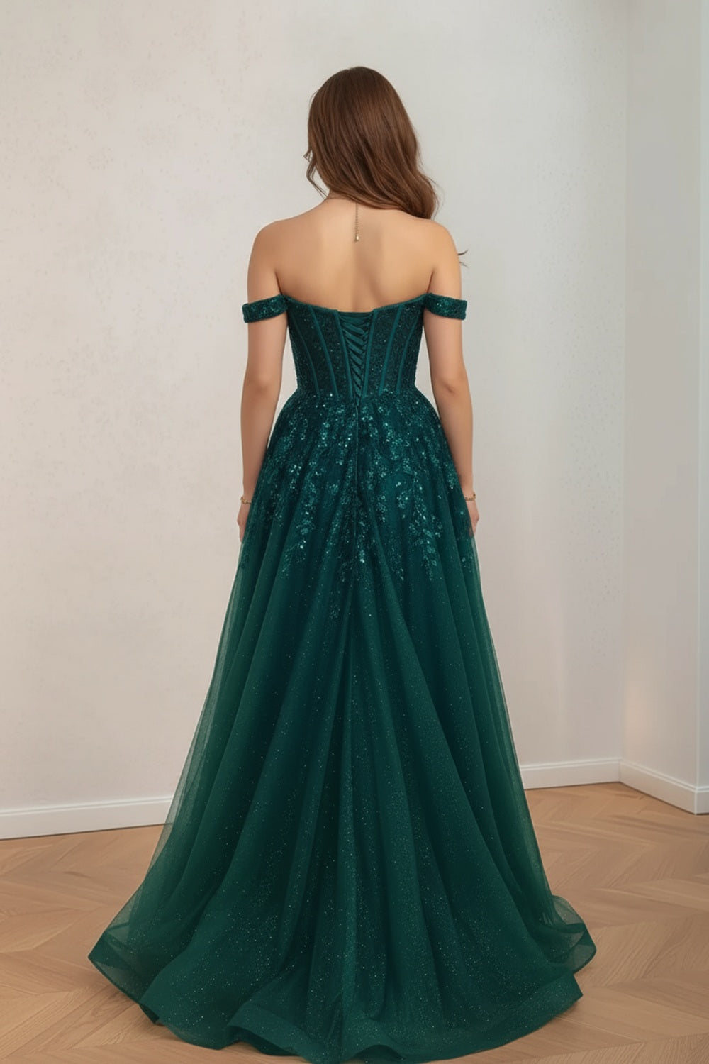 Dark Green Corset Bodice Appliques Prom Dress