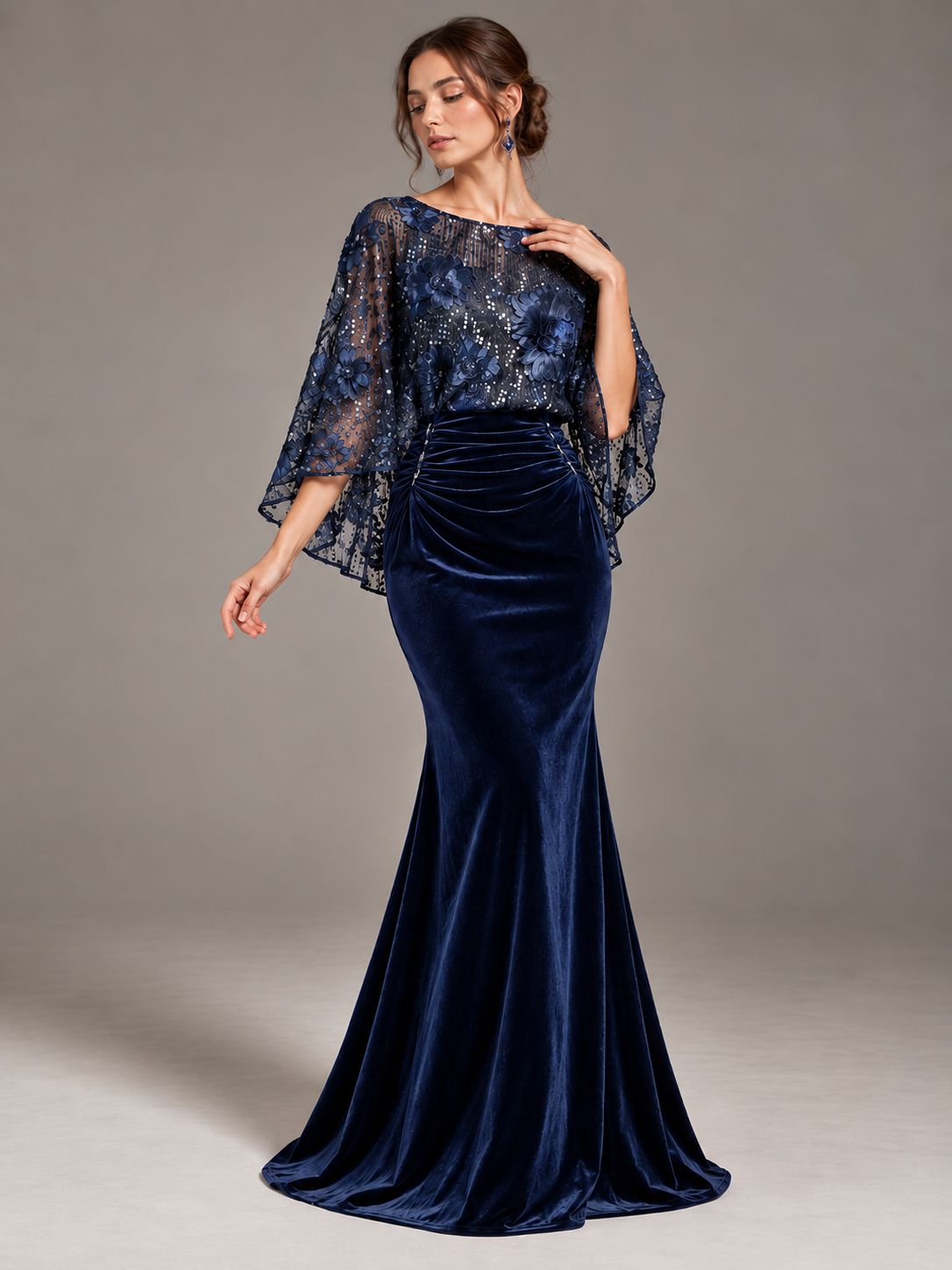 Navy Blue Floral Applique Velvet Maxi Dress