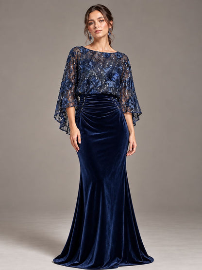 Navy Blue Floral Applique Velvet Maxi Dress