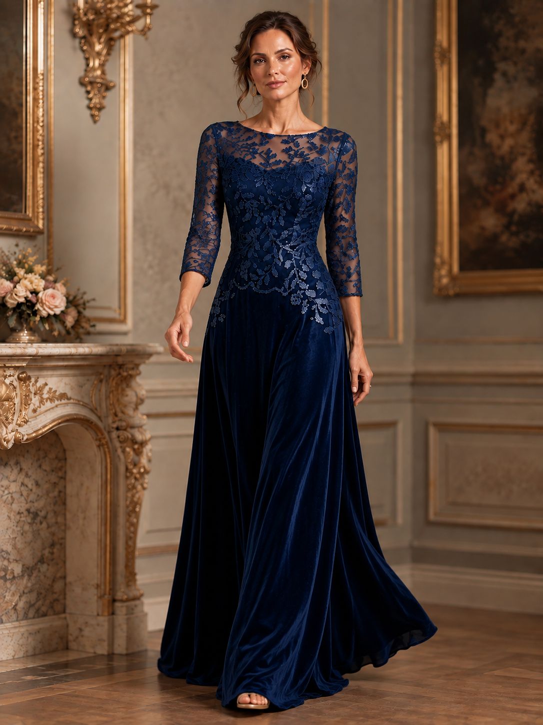 Navy Blue Lace Applique Velvet Maxi Dress