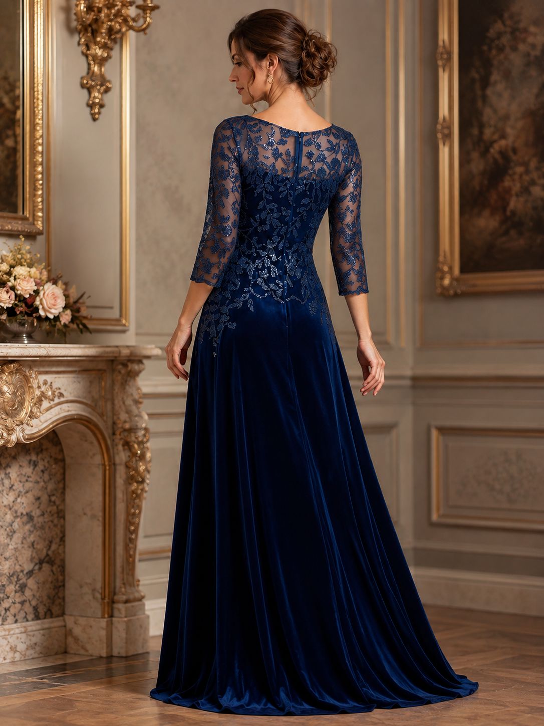 Navy Blue Lace Applique Velvet Maxi Dress