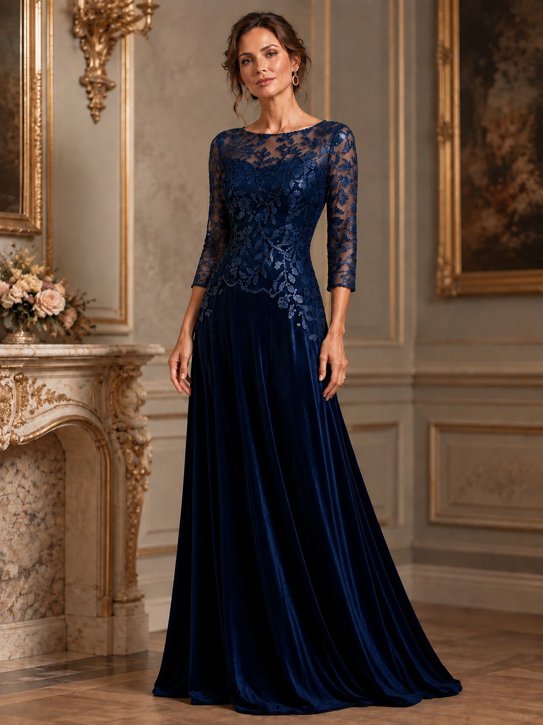 Navy Blue Lace Applique Velvet Maxi Dress