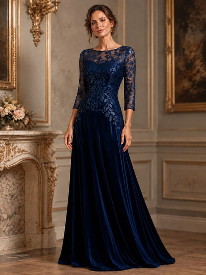 Navy Blue Lace Applique Velvet Maxi Dress