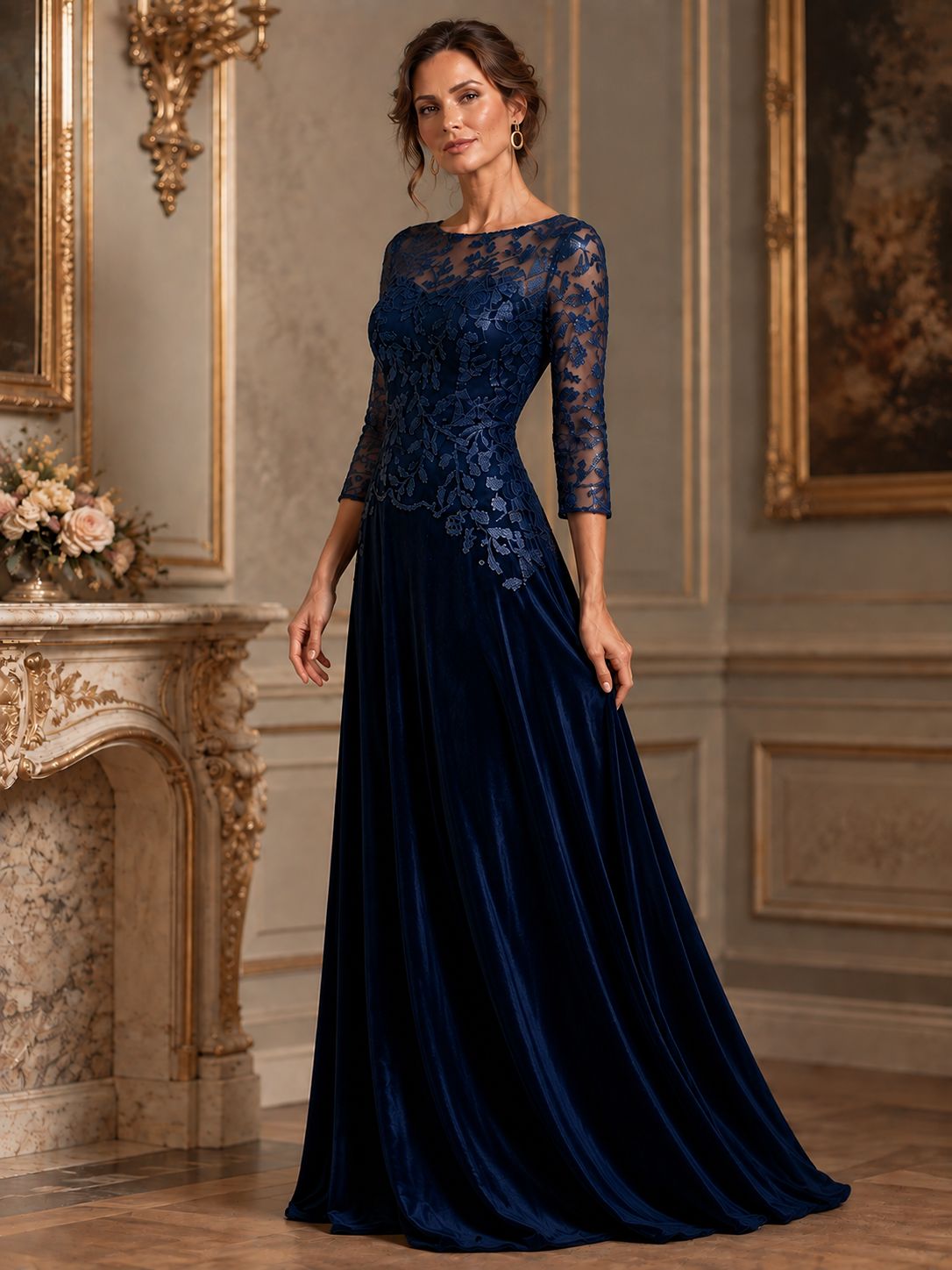 Navy Blue Lace Applique Velvet Maxi Dress
