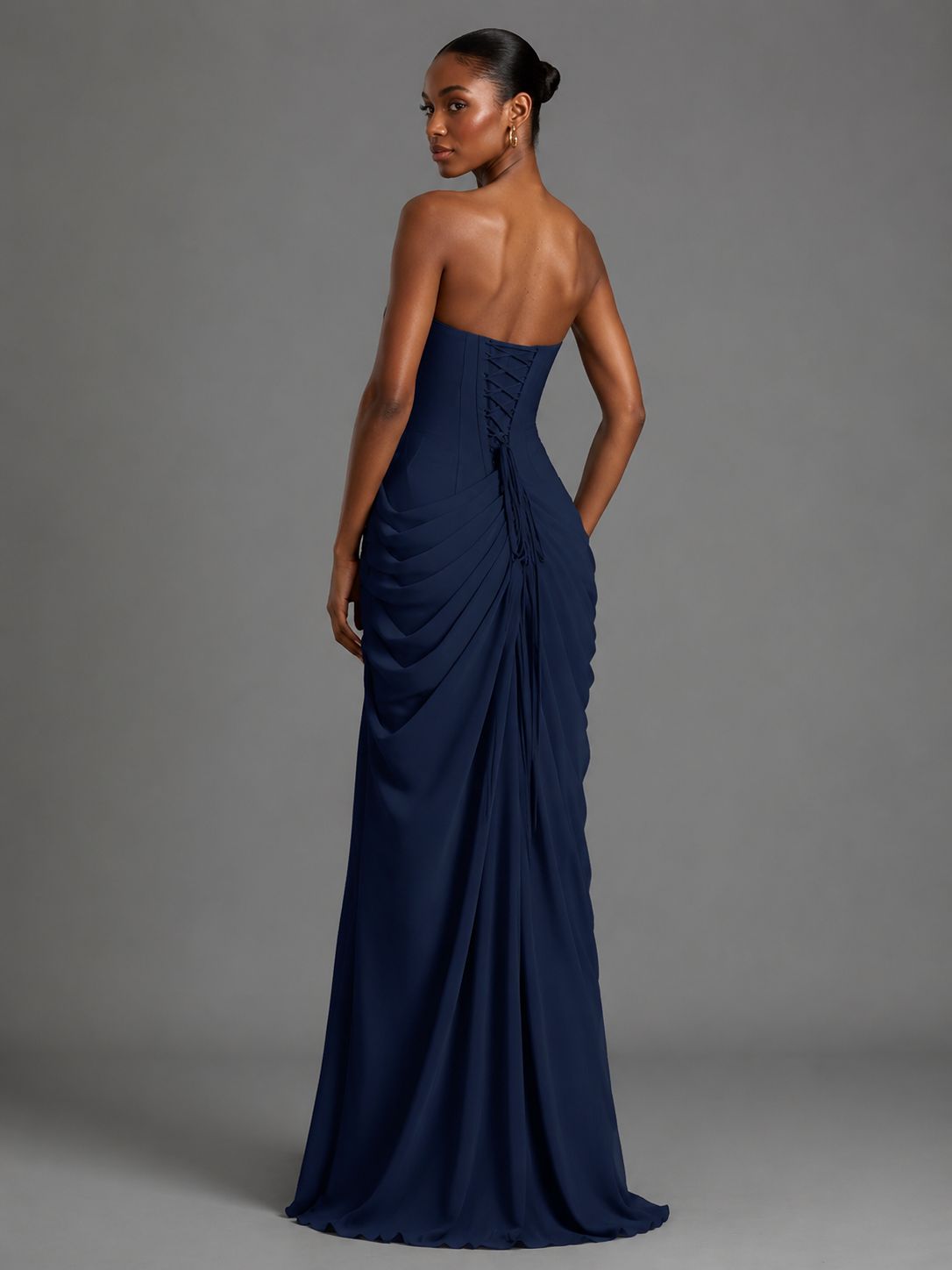 Navy Blue Strapless Bodycon Pleated Chiffon Formal Dress with Slit