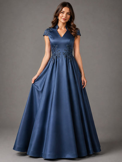 Navy Blue Lace Appliqué A-Line Satin Maxi Dress