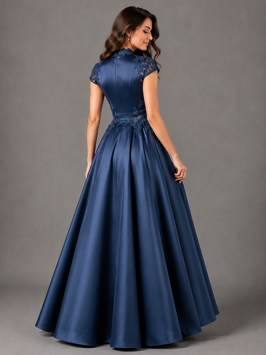 Navy Blue Lace Appliqué A-Line Satin Maxi Dress