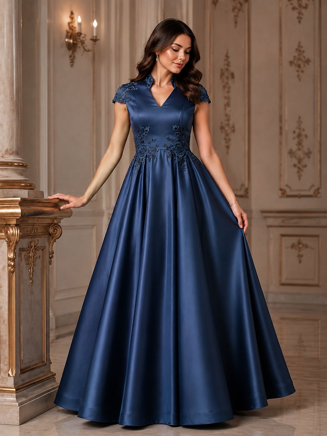 Navy Blue Lace Appliqué A-Line Satin Maxi Dress