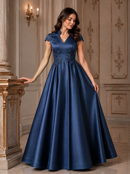 Navy Blue Lace Appliqué A-Line Satin Maxi Dress