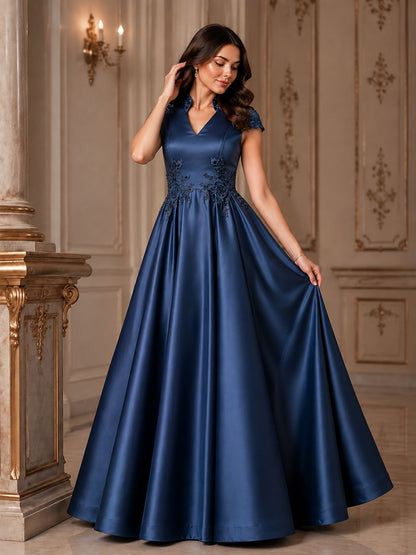 Navy Blue Lace Appliqué A-Line Satin Maxi Dress