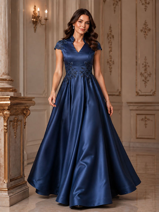 Navy Blue Lace Appliqué A-Line Satin Maxi Dress