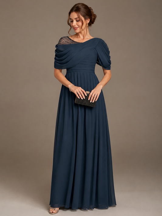 Navy Blue Draped Chiffon A-Line Maxi Dress